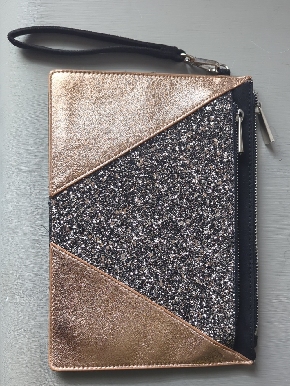Express Rose Gold and Black Suede Glitter Wristlet Clutch